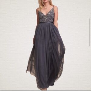 BHLDN Anthropologie Avery Formal Dress Size 6 Hydrangea Blue Grey V Neck Tulle